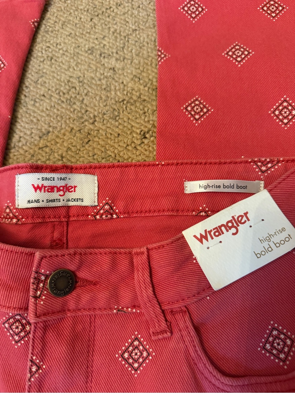 Wrangler Red Diamond-Print High-Rise Bootcut Pants
